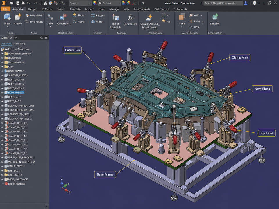 Weld fixture station 3D CAD assembly model.