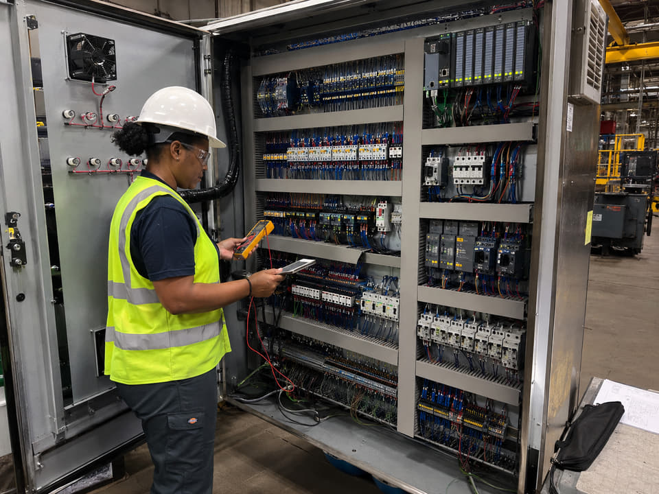 Engineer reviewing live control panel hardware during startup support.