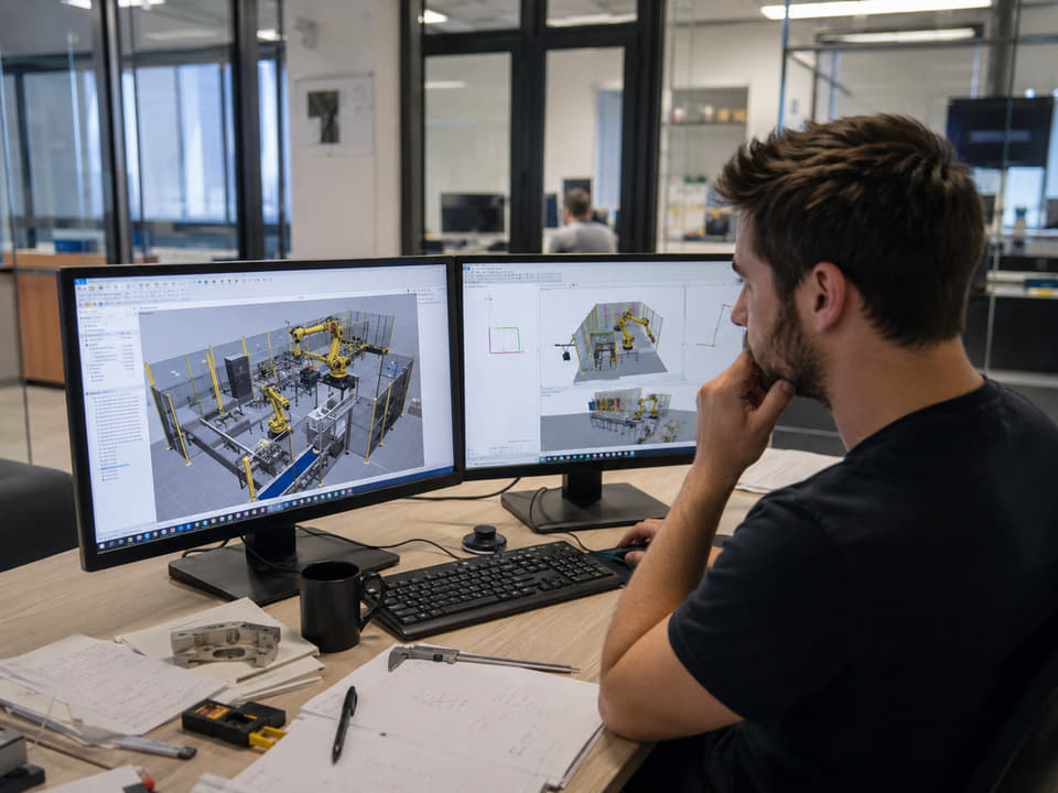 Engineer reviewing a robotic simulation project in a design office.