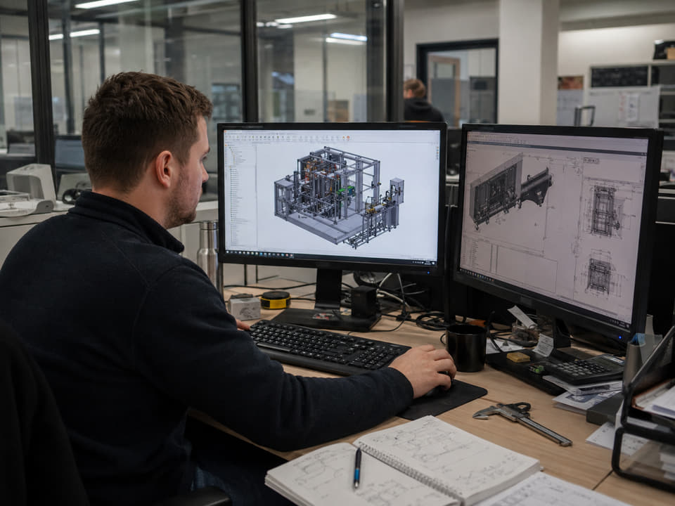 Engineer working on machine layout and mechanical drawings at a workstation.