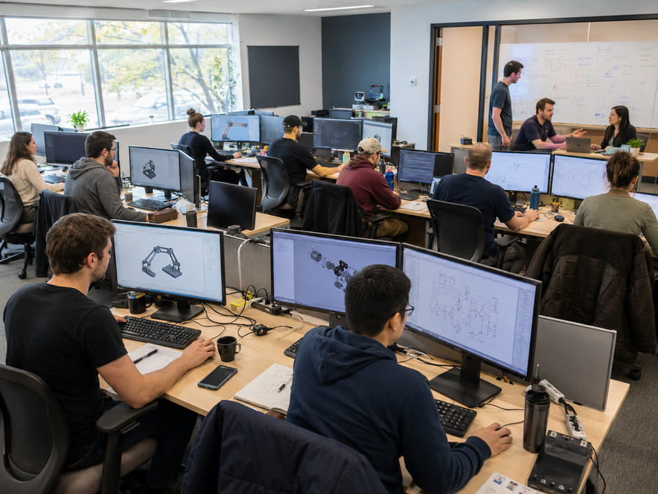 Automation engineering team in a collaborative office environment.