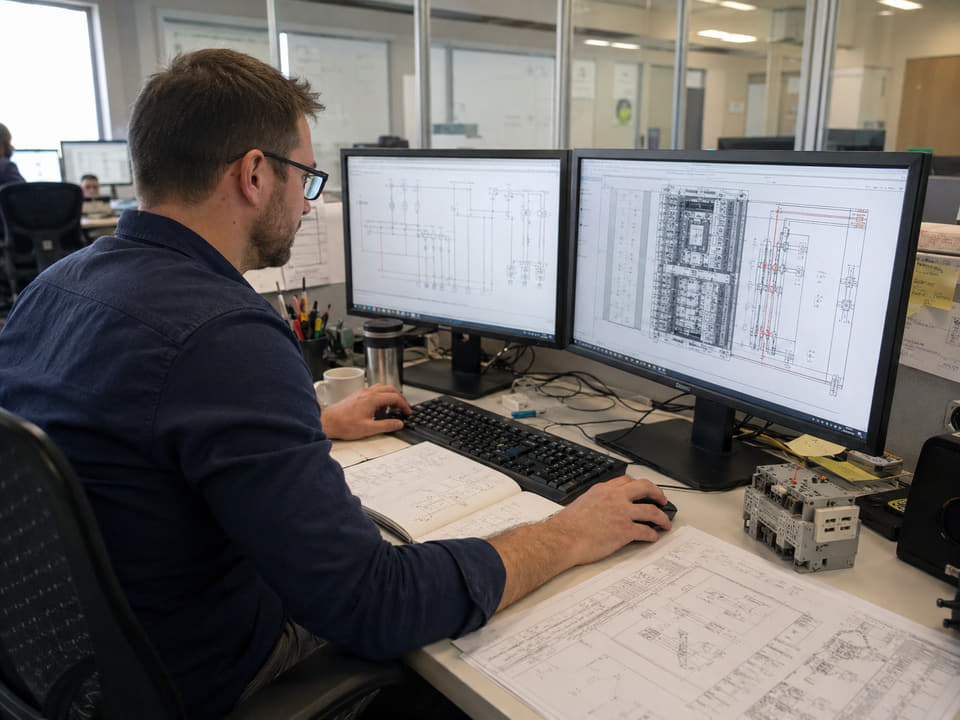Engineer reviewing electrical design drawings across dual monitors.
