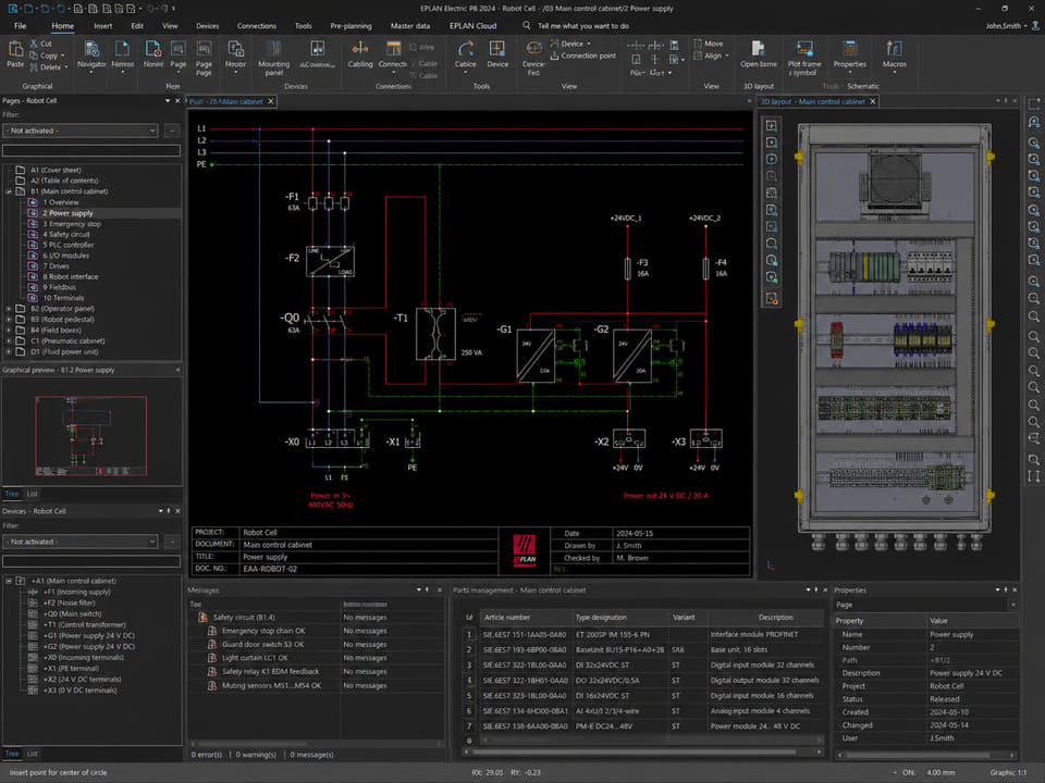 EPLAN power supply schematic and control cabinet layout.
