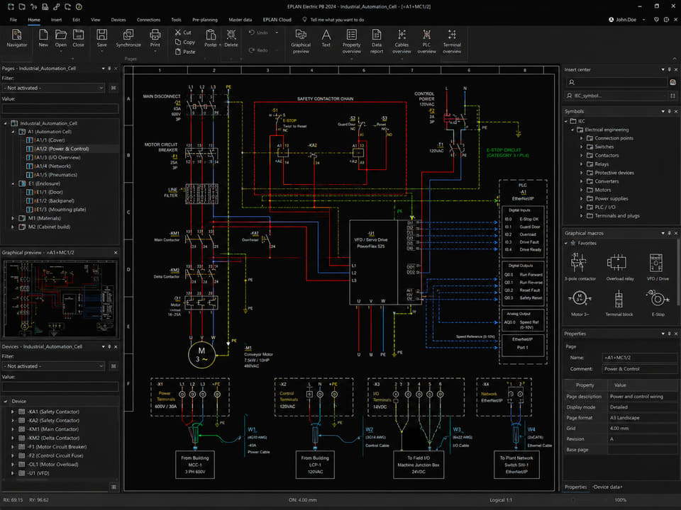 EPLAN power and control schematic with PLC and drive wiring.