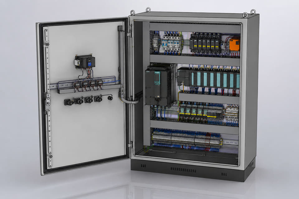 Industrial control cabinet 3D layout render.