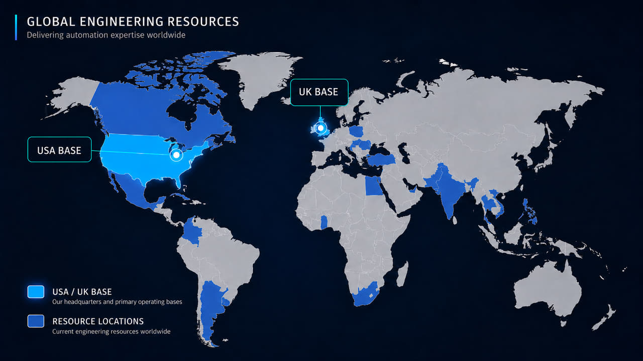Global engineering resource map showing USA and UK base locations with current engineering resource countries highlighted.