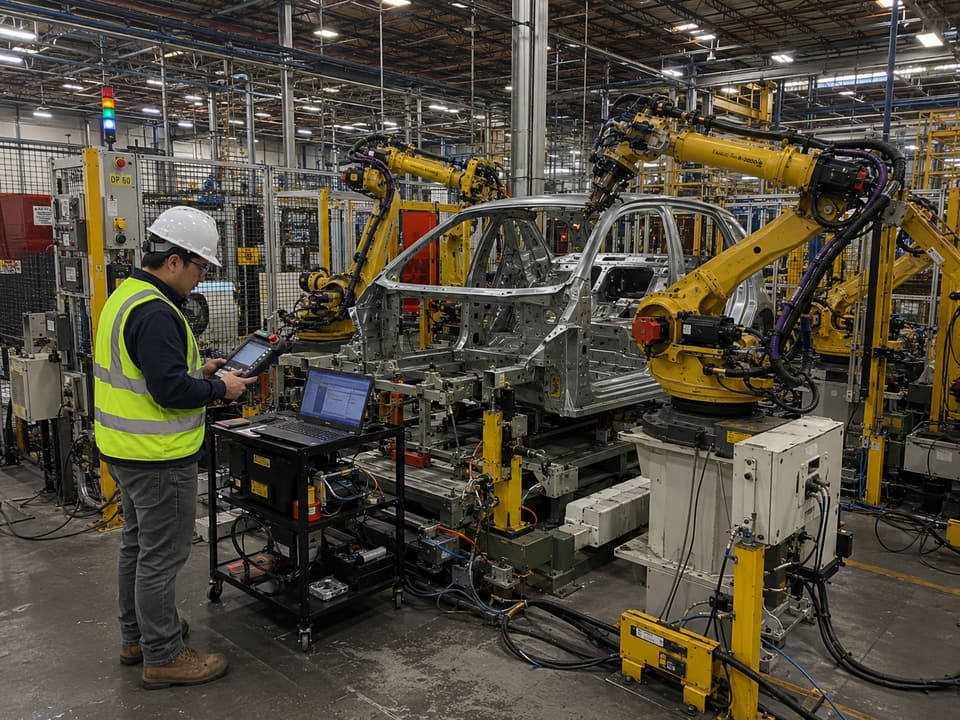 Engineer supporting robot cell delivery on site with offline review tools.