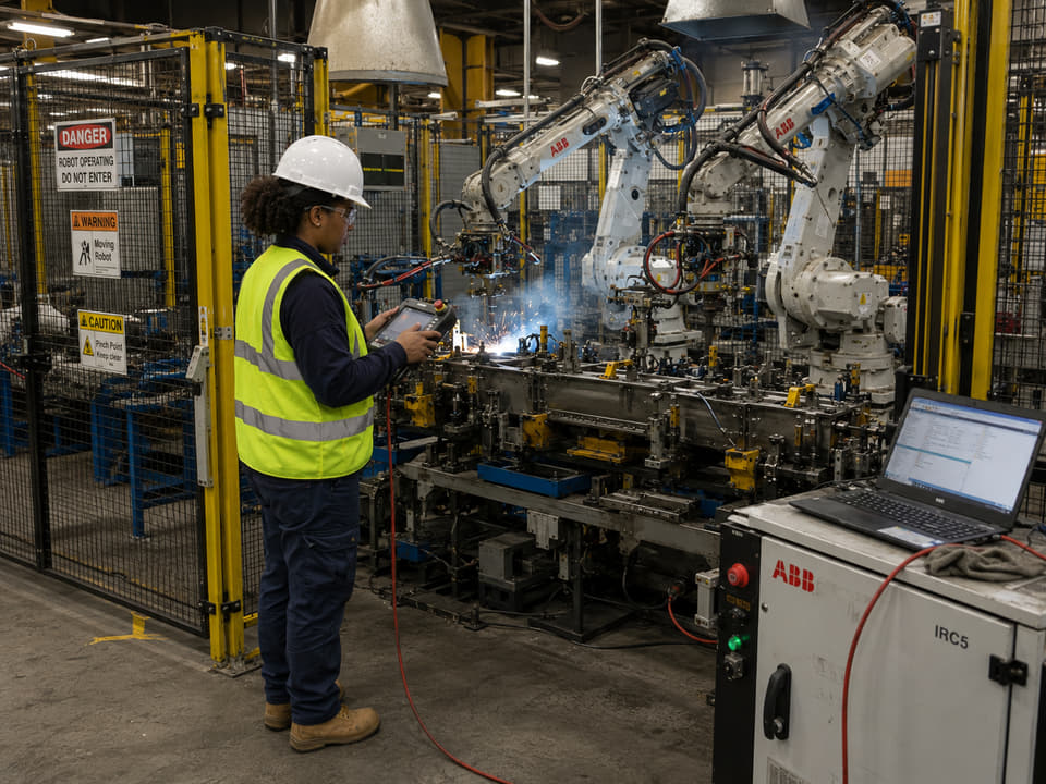 Engineer supporting robotic welding production on site with teach pendant.