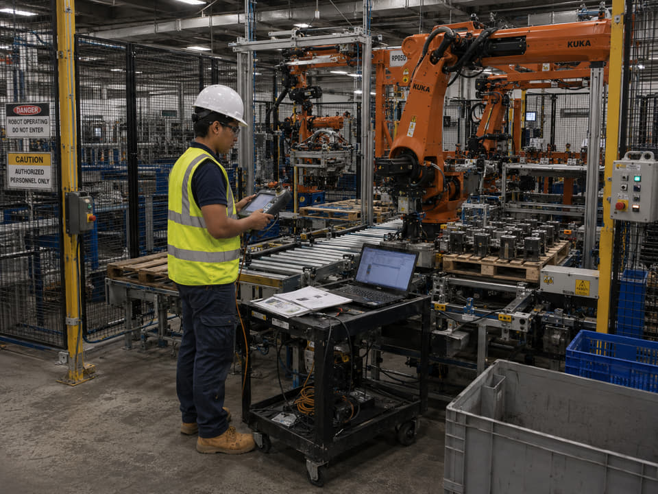 Engineer validating an automated cell during distributed delivery support.