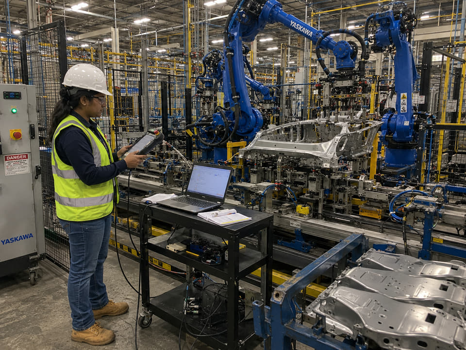 Engineer supporting a robotic body line during launch and recovery work.