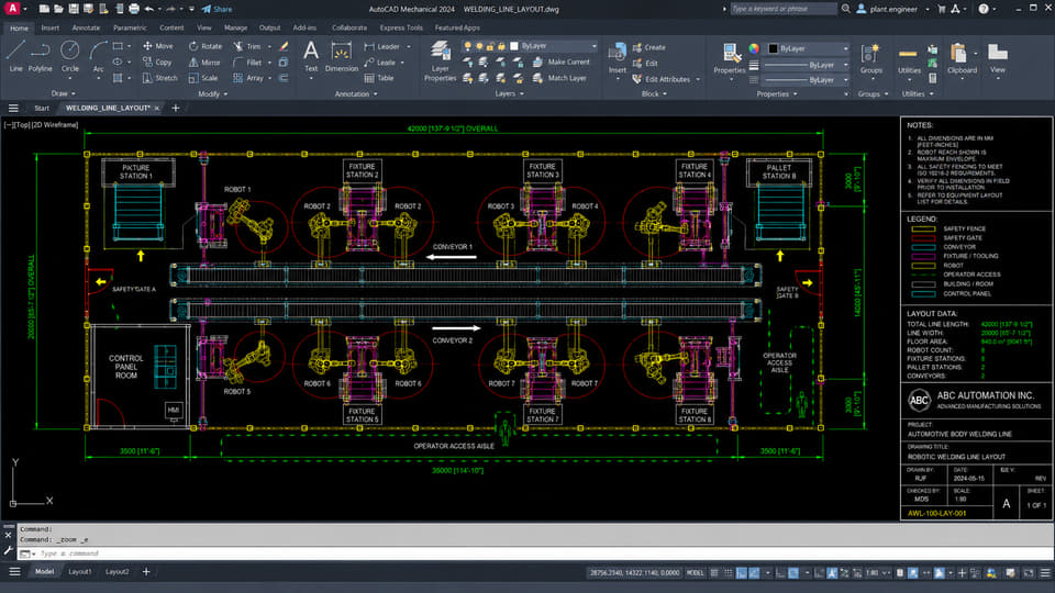 Mechanical layout and 3D CAD model of an automation cell.
