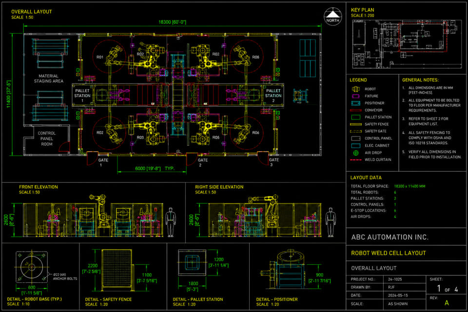 Robot weld cell overall layout and elevations.