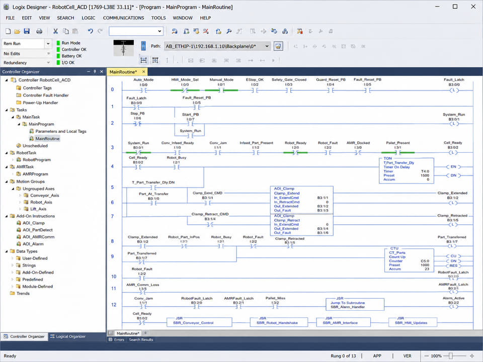 Programmable logic controller code being developed for robot-cell control.