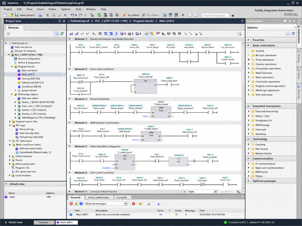 Siemens TIA Portal PLC ladder logic with mode control and robot handshake networks.