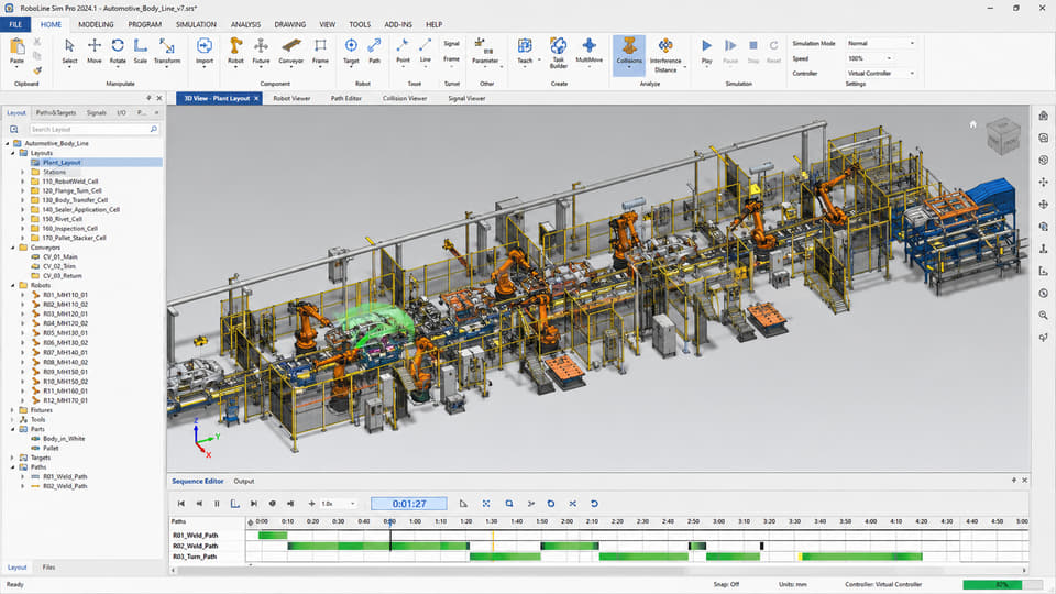 Robot-cell simulation model used for reach and cycle-time studies.
