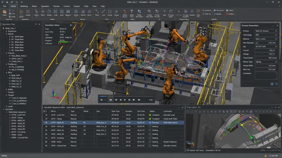 Robot welding process simulation with path editor.