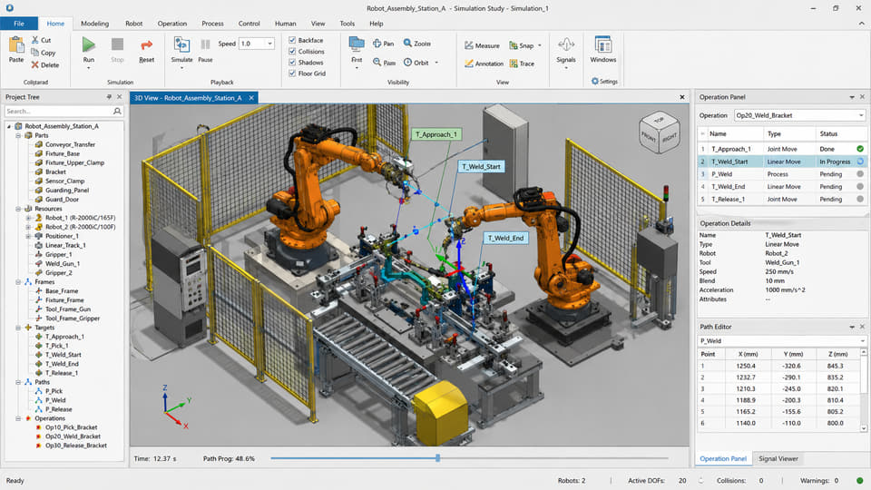 Robot assembly station simulation with programmed targets.
